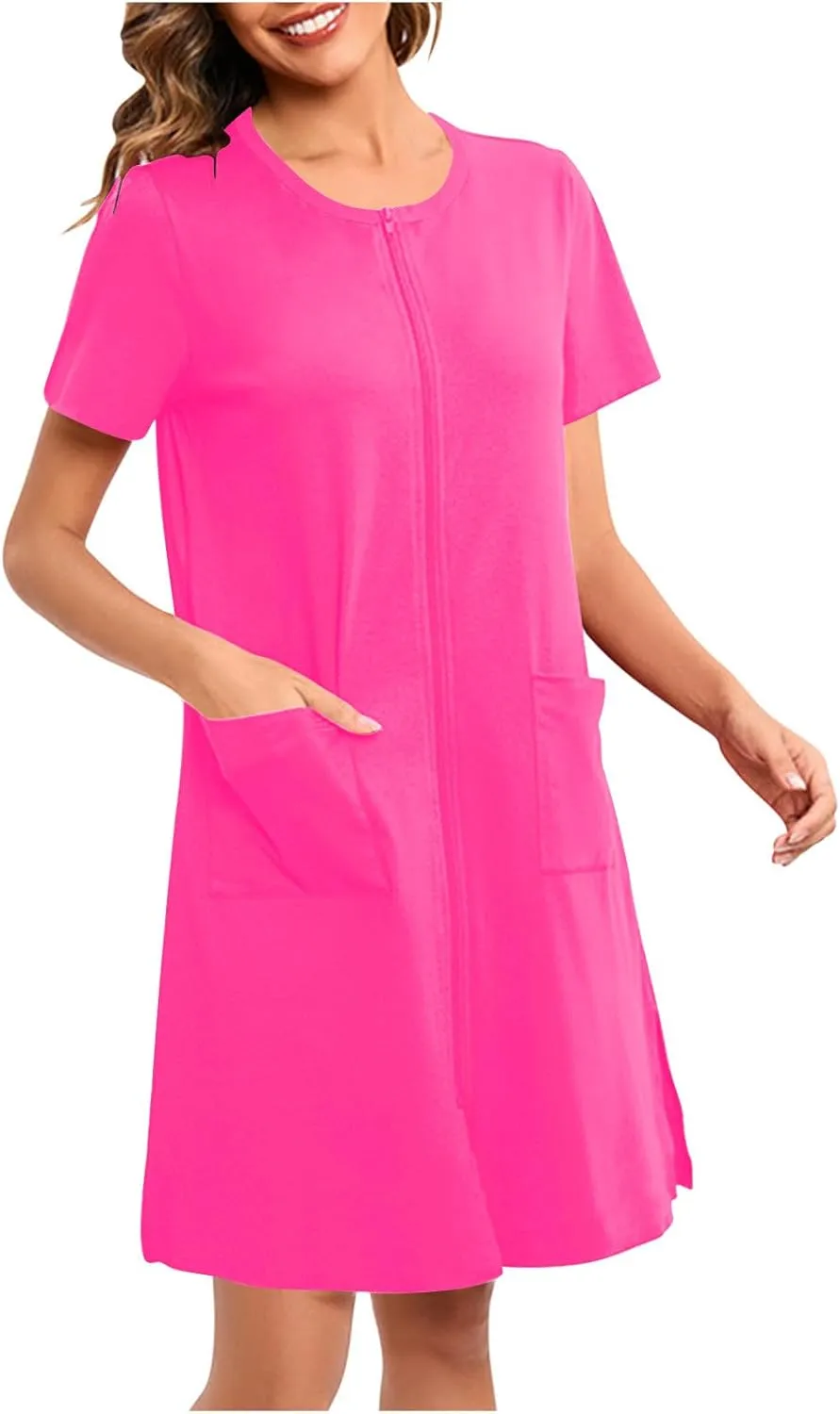 Women Zipper Robes Short Sleeve Housecoat Lightweight Bathrobes Zip Up Robe Casual Nightgown with Pockets Loungewear