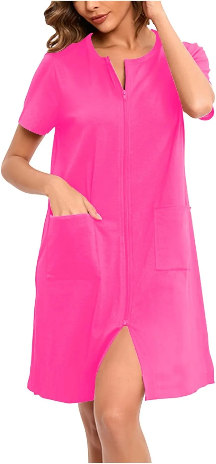 Women Zipper Robes Short Sleeve Housecoat Lightweight Bathrobes Zip Up Robe Casual Nightgown with Pockets Loungewear