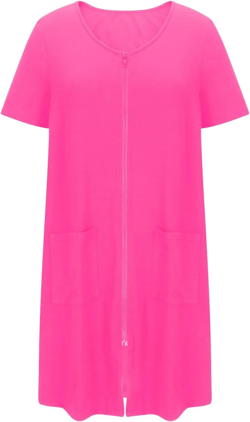 Women Zipper Robes Short Sleeve Housecoat Lightweight Bathrobes Zip Up Robe Casual Nightgown with Pockets Loungewear