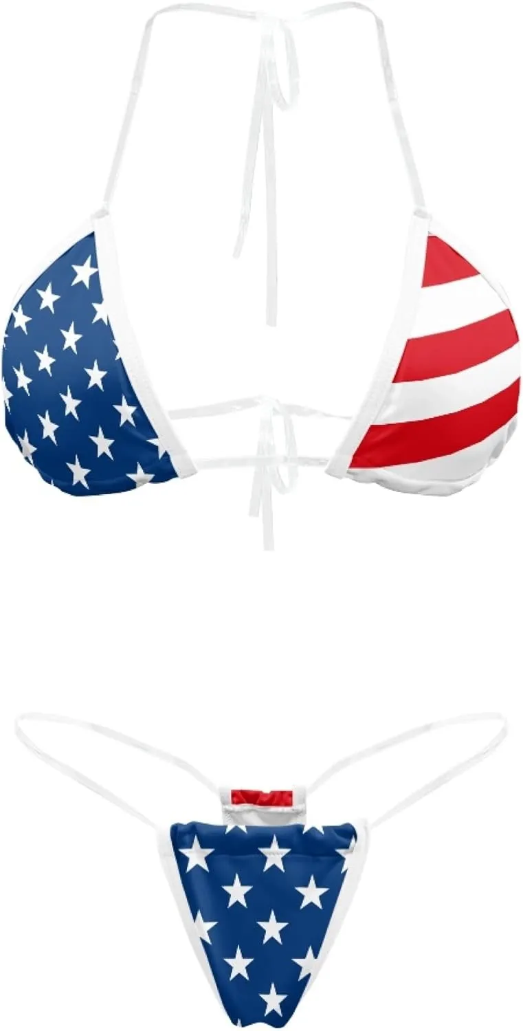 Women's 2 Piece Transparent String Bikini Flag Sexy Micro Bikini Halter Triangle Sexy Bathing Suit Set