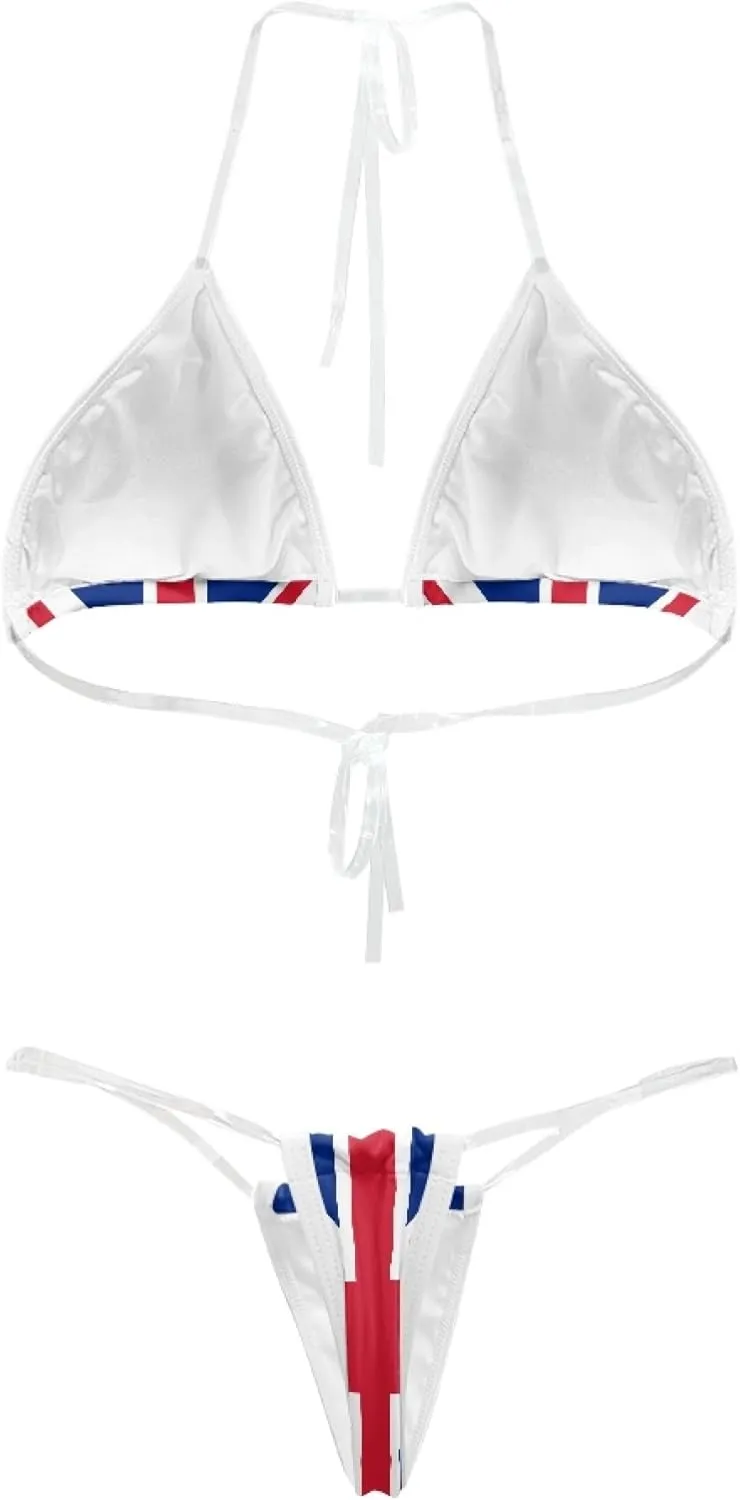 Women's 2 Piece Transparent String Bikini Flag Sexy Micro Bikini Halter Triangle Sexy Bathing Suit Set