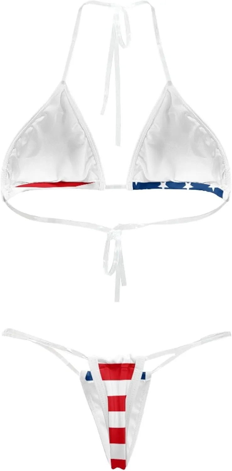Women's 2 Piece Transparent String Bikini Flag Sexy Micro Bikini Halter Triangle Sexy Bathing Suit Set