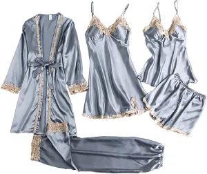 Womens 5pcs Pajamas Sets Silk Satin Sleepwear Sexy Lace Trim With Robe Pj Pants Set Loungewear Long Pant & Shorts