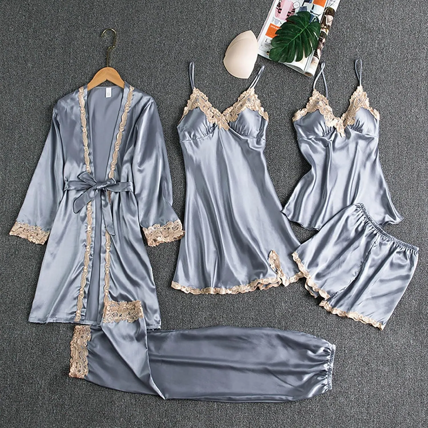 Womens 5pcs Pajamas Sets Silk Satin Sleepwear Sexy Lace Trim With Robe Pj Pants Set Loungewear Long Pant & Shorts