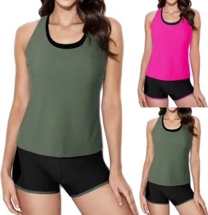 Womens Athletic 3 Piece Racerback Tankini Swimsuits Swim Tank Tops with Sports Bra and Boyshorts Bathing Suits