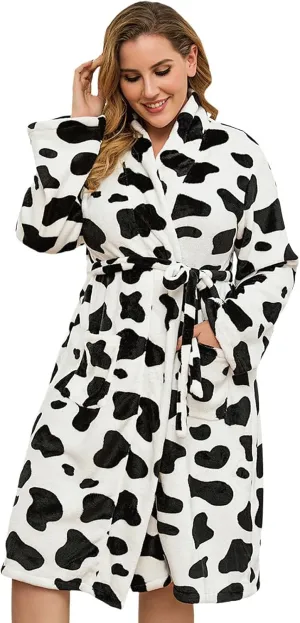 Women's Bathrobes Plus Size Cow Print Plush Soft Cozy Long Sleeve Full Length Loungewear