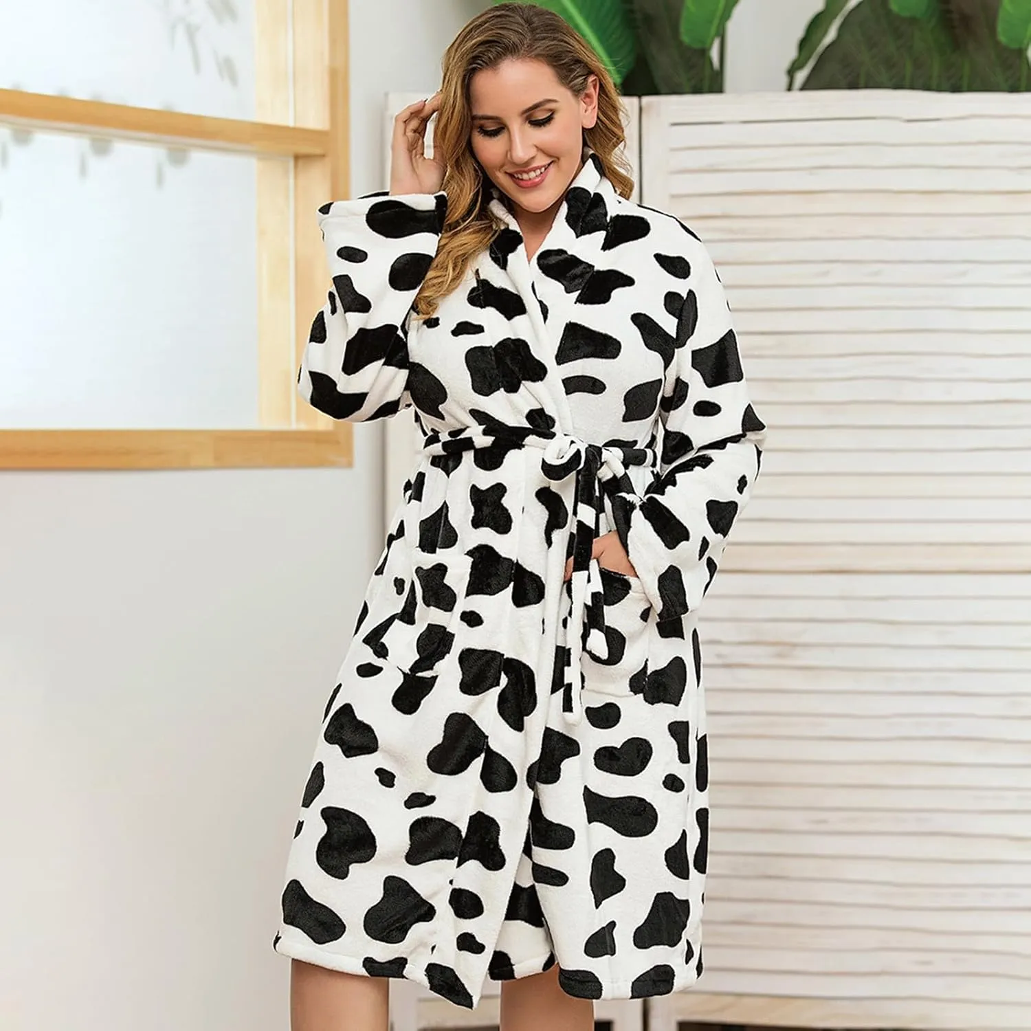 Women's Bathrobes Plus Size Cow Print Plush Soft Cozy Long Sleeve Full Length Loungewear