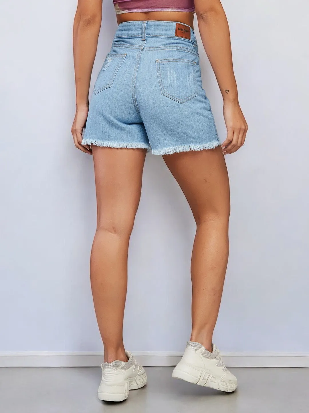 Women's Blue Relaxed Fit Mid Rise Highly Distressed Denim Shorts
