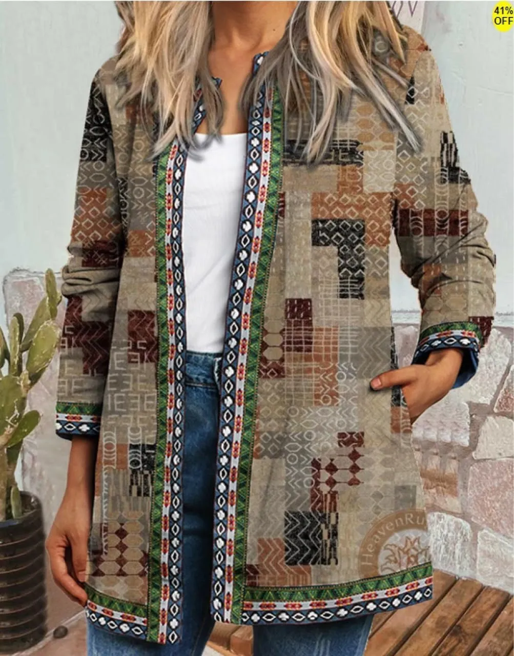 Women's Boho Floral Open Front Cardigan Fall Lightweight Casual Ethnic Long Sleeve Oversized Coat with Pockets