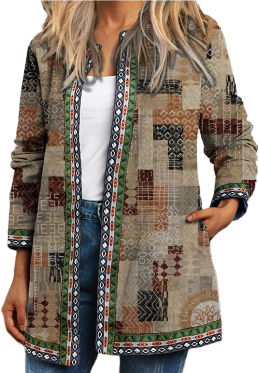 Women's Boho Floral Open Front Cardigan Fall Lightweight Casual Ethnic Long Sleeve Oversized Coat with Pockets