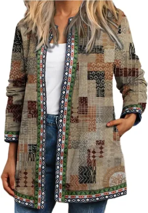 Women's Boho Floral Open Front Cardigan Fall Lightweight Casual Ethnic Long Sleeve Oversized Coat with Pockets