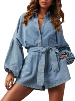 Women's Casual Denim Romper Belted Lantern Sleeve Jean Jumpsuits with Pockets