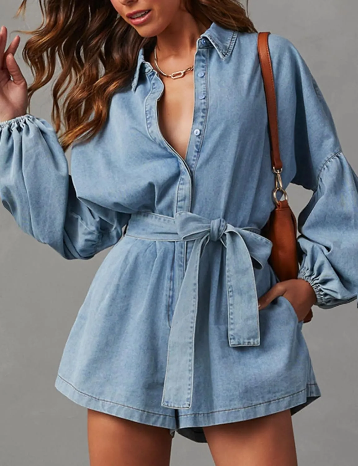 Women's Casual Denim Romper Belted Lantern Sleeve Jean Jumpsuits with Pockets