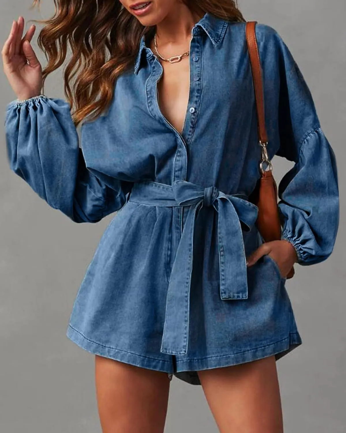 Women's Casual Denim Romper Belted Lantern Sleeve Jean Jumpsuits with Pockets