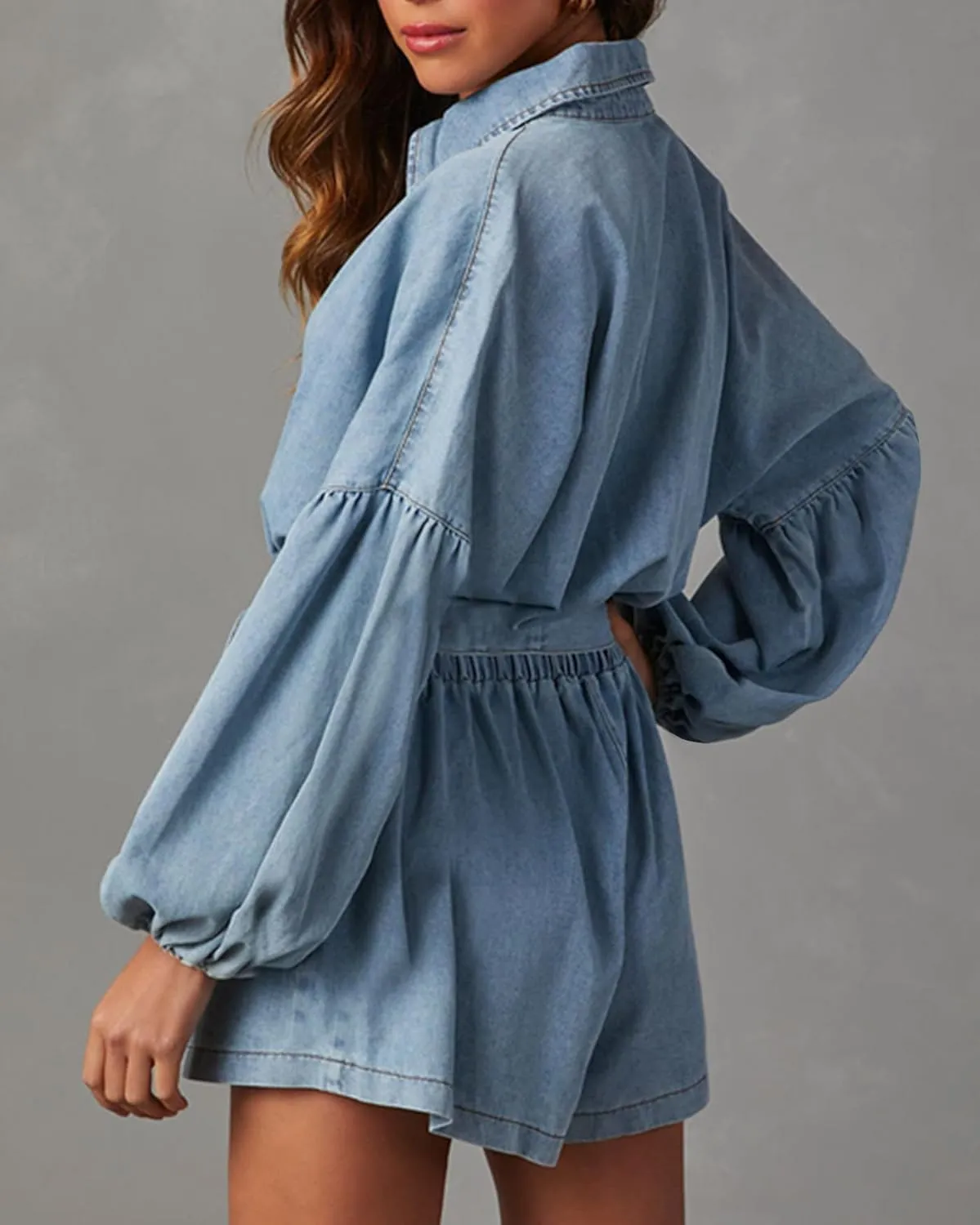 Women's Casual Denim Romper Belted Lantern Sleeve Jean Jumpsuits with Pockets