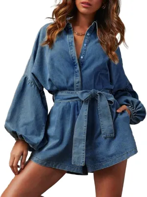 Women's Casual Denim Romper Belted Lantern Sleeve Jean Jumpsuits with Pockets