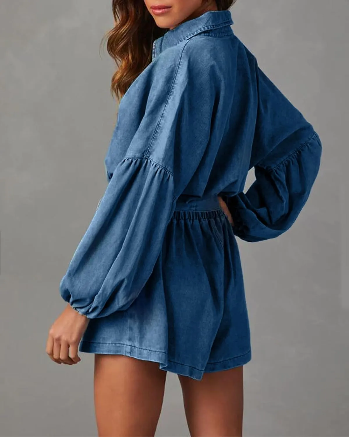 Women's Casual Denim Romper Belted Lantern Sleeve Jean Jumpsuits with Pockets
