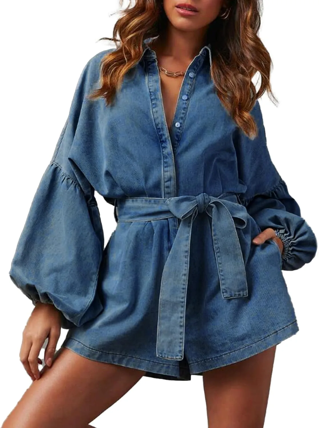 Women's Casual Denim Romper Belted Lantern Sleeve Jean Jumpsuits with Pockets