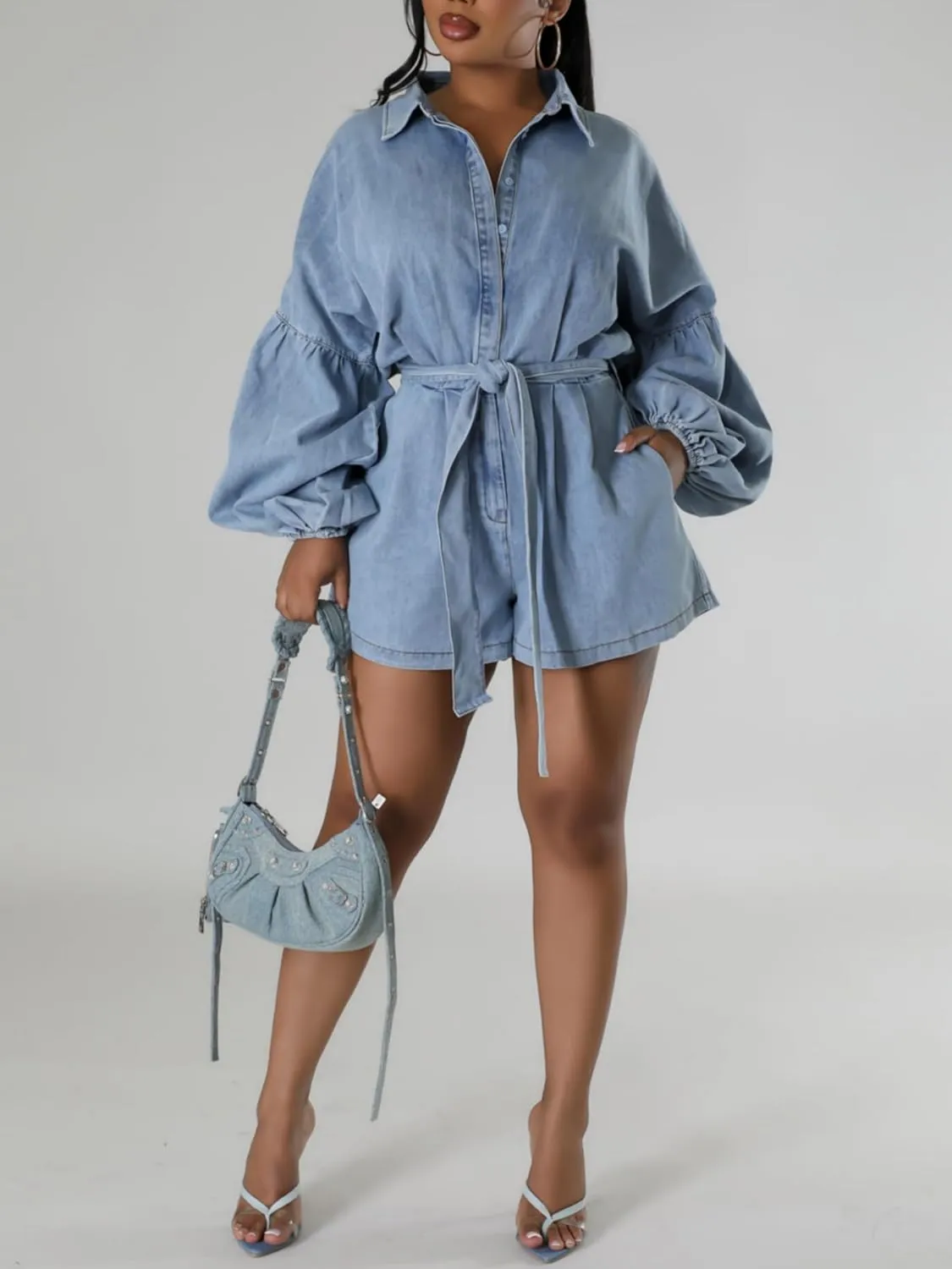 Women's Casual Denim Romper Belted Lantern Sleeve Jean Jumpsuits with Pockets