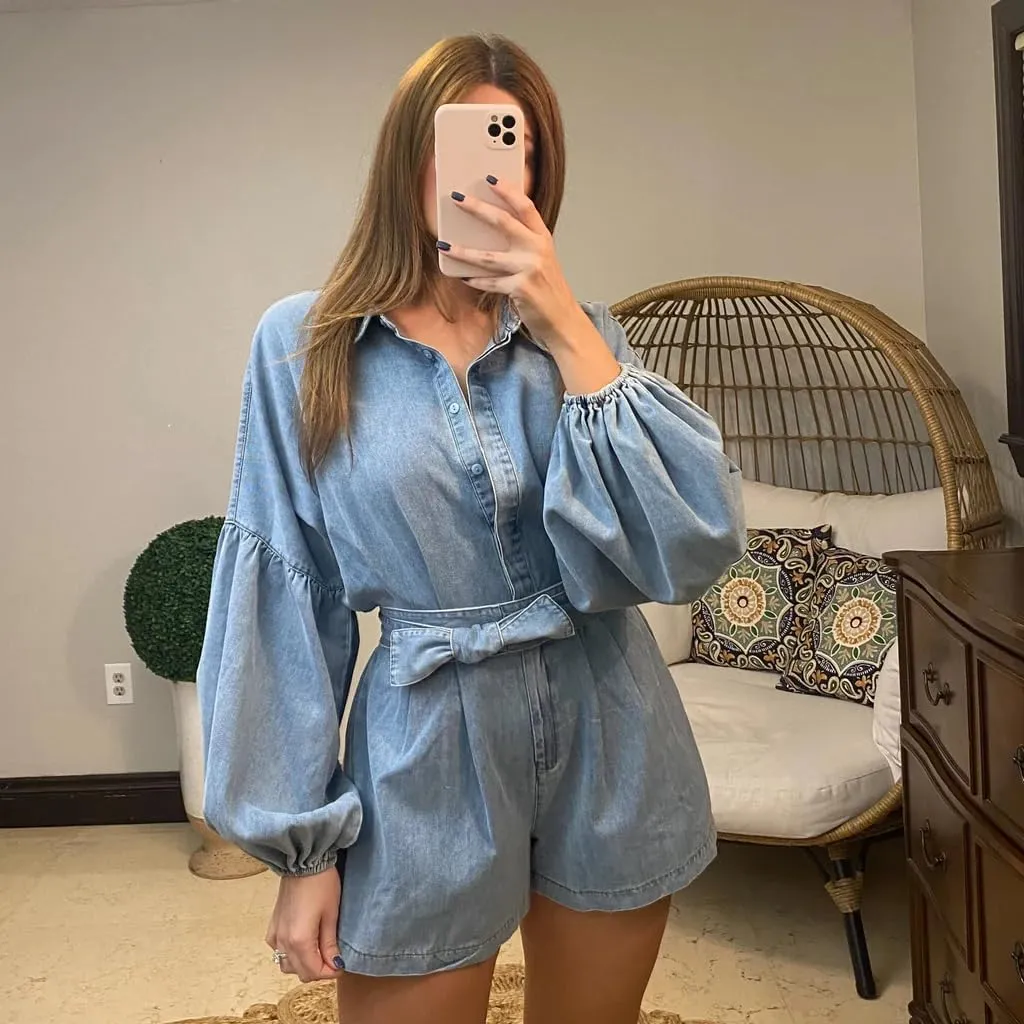 Women's Casual Denim Romper Belted Lantern Sleeve Jean Jumpsuits with Pockets