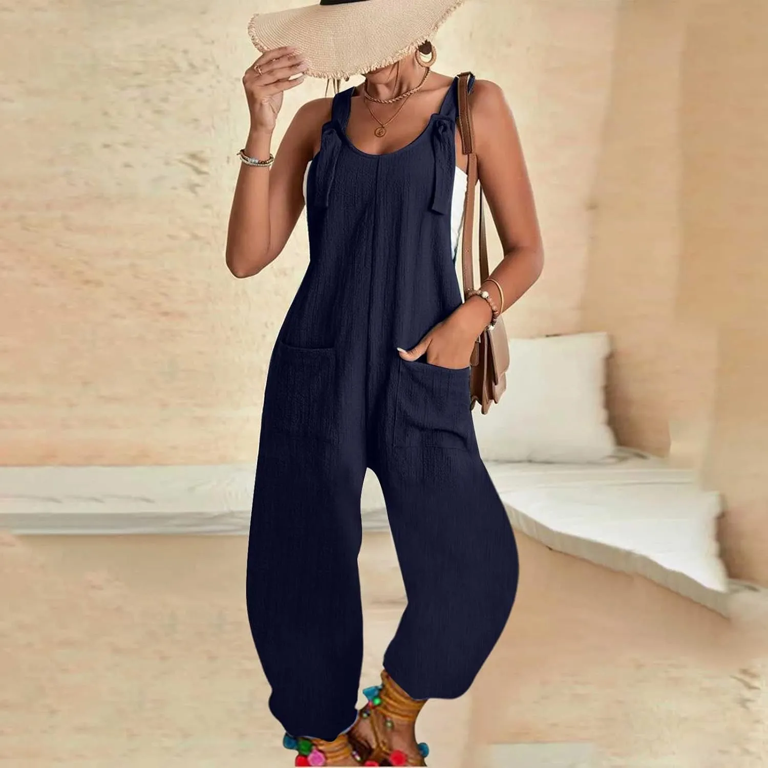 Womens Casual Sleeveless Jumpsuits Solid Loose Adjustable Strap Overalls Harem Long Pants Rompers with Pockets