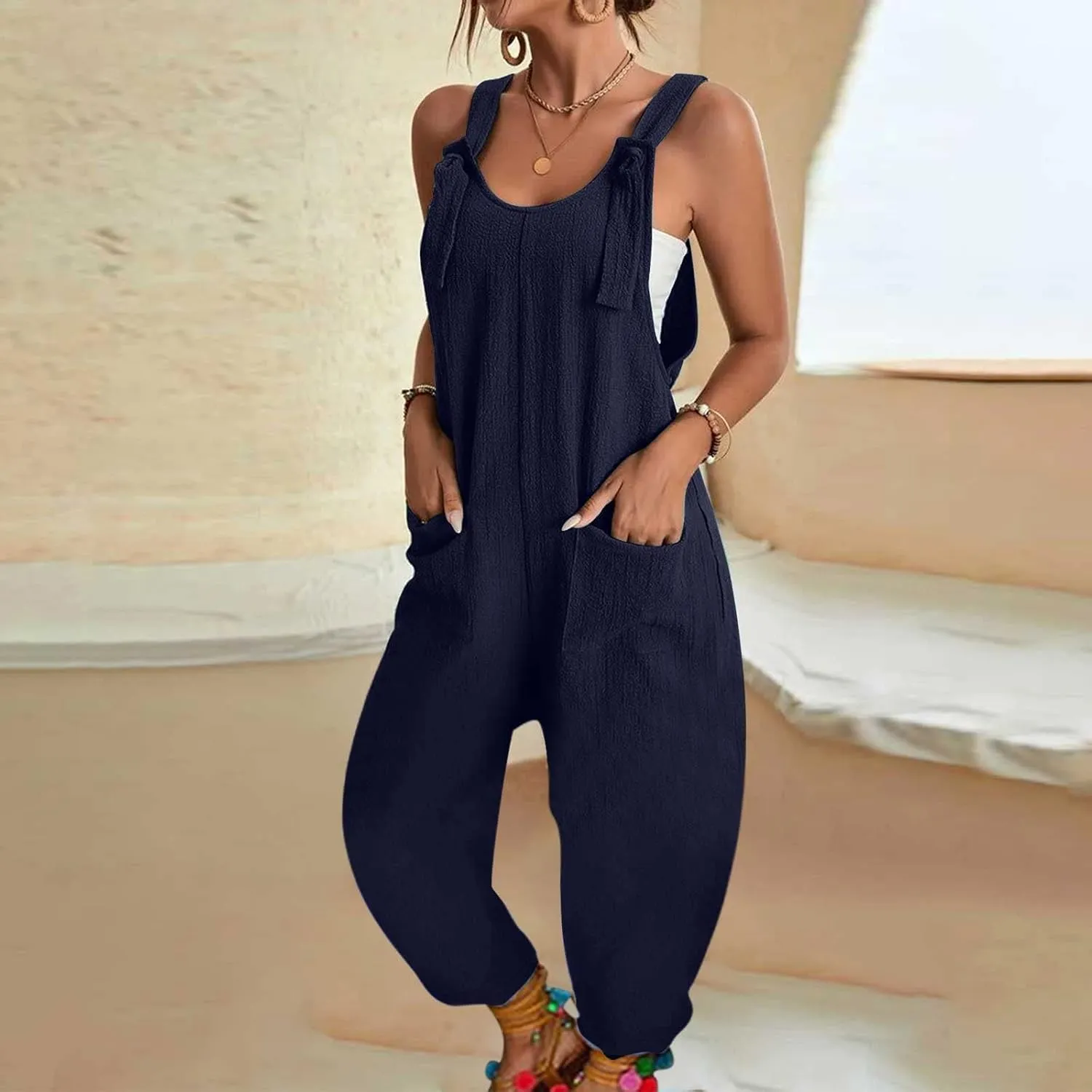 Womens Casual Sleeveless Jumpsuits Solid Loose Adjustable Strap Overalls Harem Long Pants Rompers with Pockets