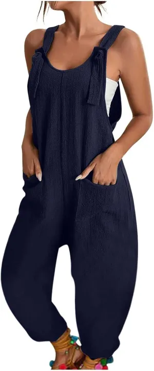Womens Casual Sleeveless Jumpsuits Solid Loose Adjustable Strap Overalls Harem Long Pants Rompers with Pockets