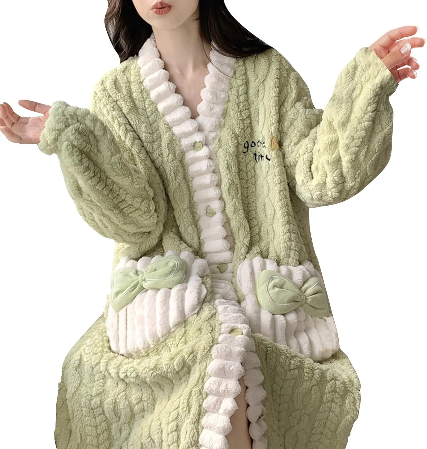 Women's Coral Bathrobe Plush Pajamas Robe Fleece Loungewear Cozy Warm Sleepwear Thick Velvet Nightwear Soft Long Coat