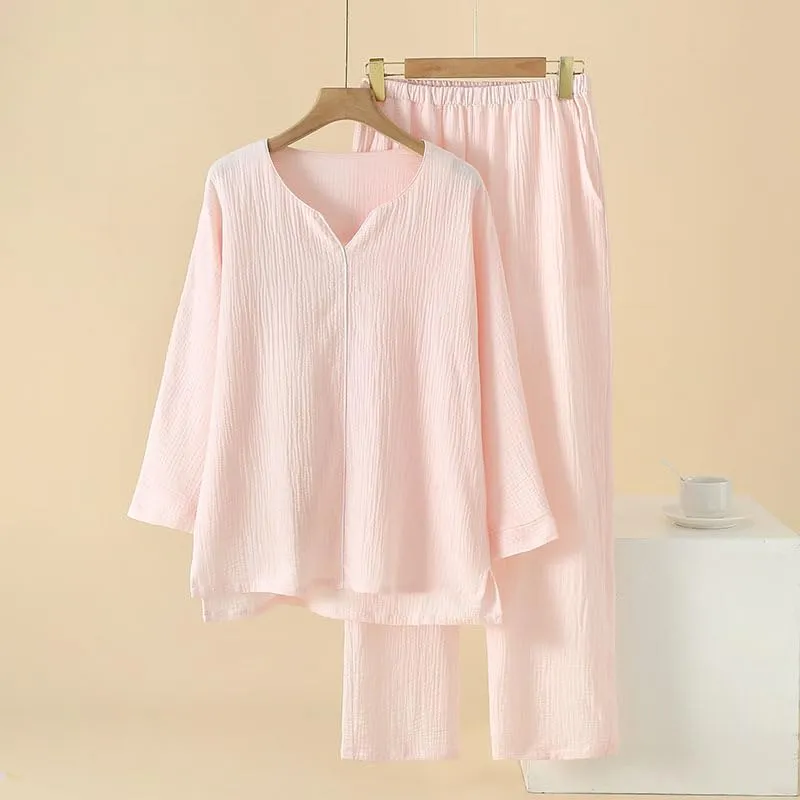 Women's Crinkle Cotton Pajama Set Gauze Pj Set Long Sleeve Shirt Sleepwear 2 Piece Lounge Set