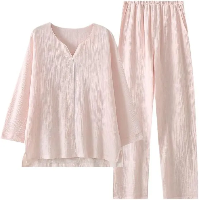 Women's Crinkle Cotton Pajama Set Gauze Pj Set Long Sleeve Shirt Sleepwear 2 Piece Lounge Set