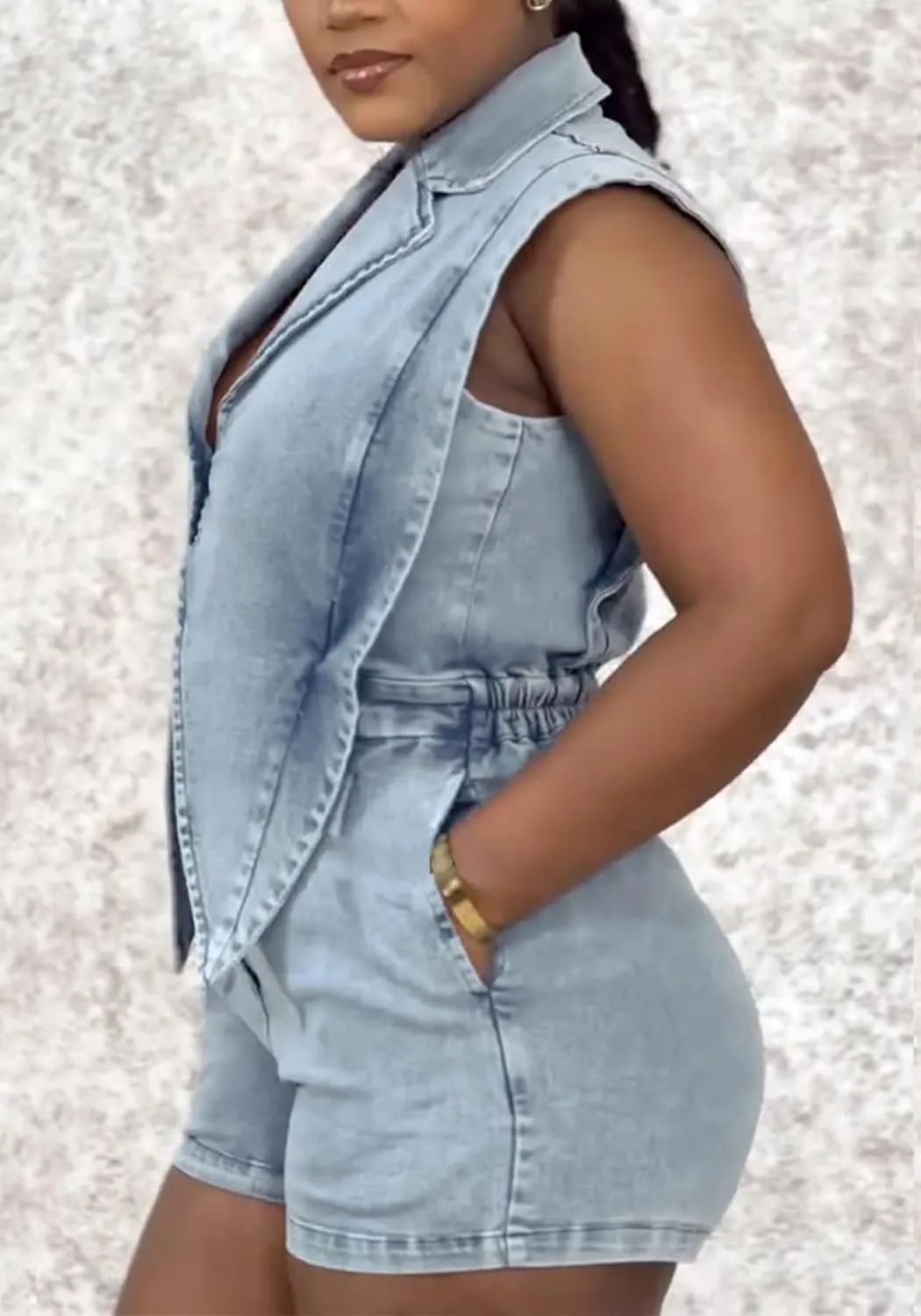 Women's Denim Jumpsuit Romper Sexy V Neck Button Link Hollowed Sleeveless Jean Shorts