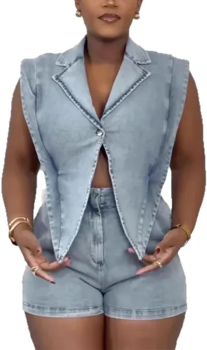 Women's Denim Jumpsuit Romper Sexy V Neck Button Link Hollowed Sleeveless Jean Shorts