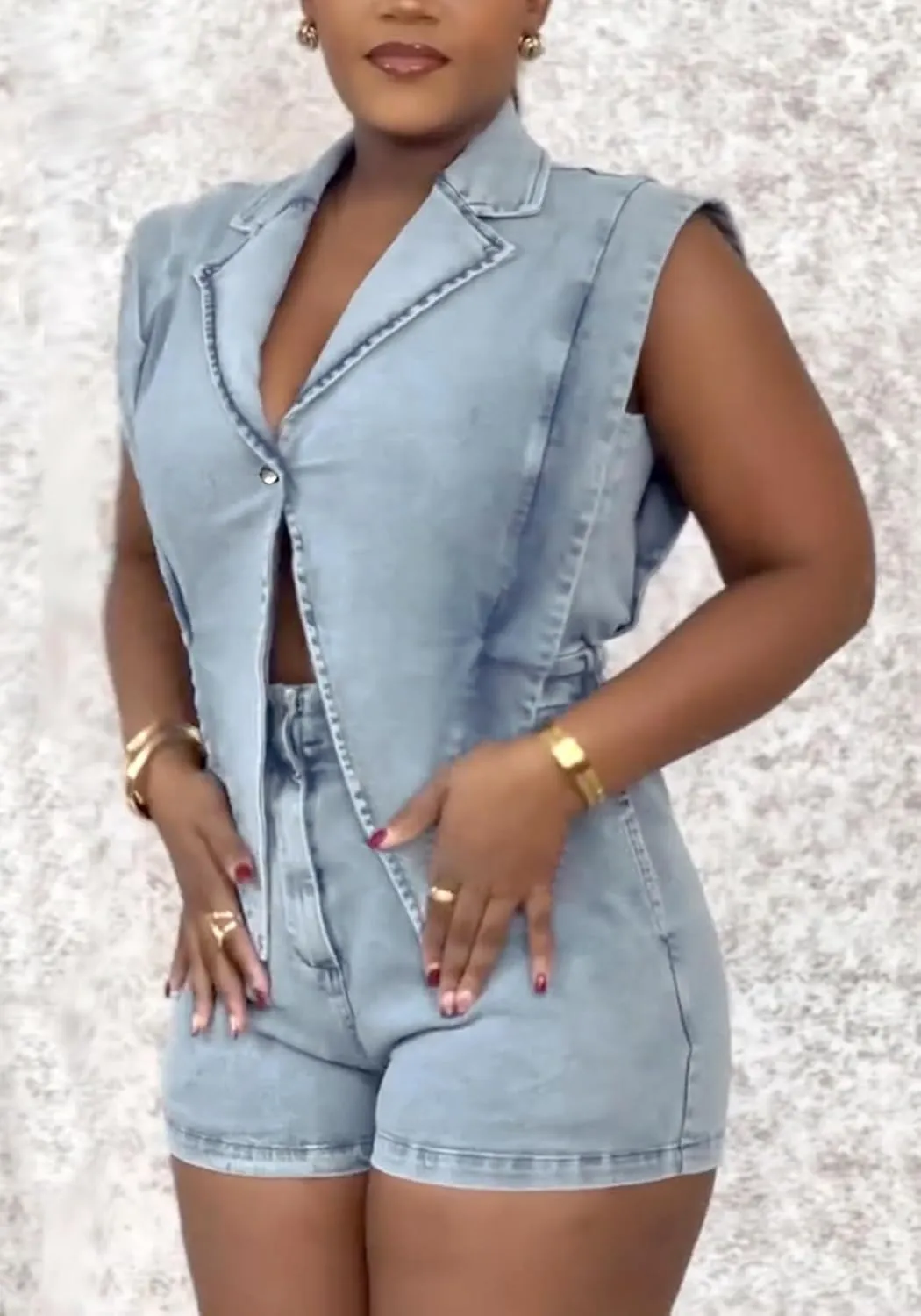 Women's Denim Jumpsuit Romper Sexy V Neck Button Link Hollowed Sleeveless Jean Shorts