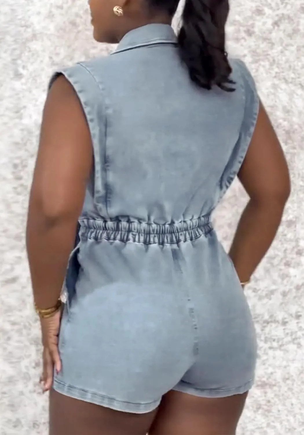 Women's Denim Jumpsuit Romper Sexy V Neck Button Link Hollowed Sleeveless Jean Shorts