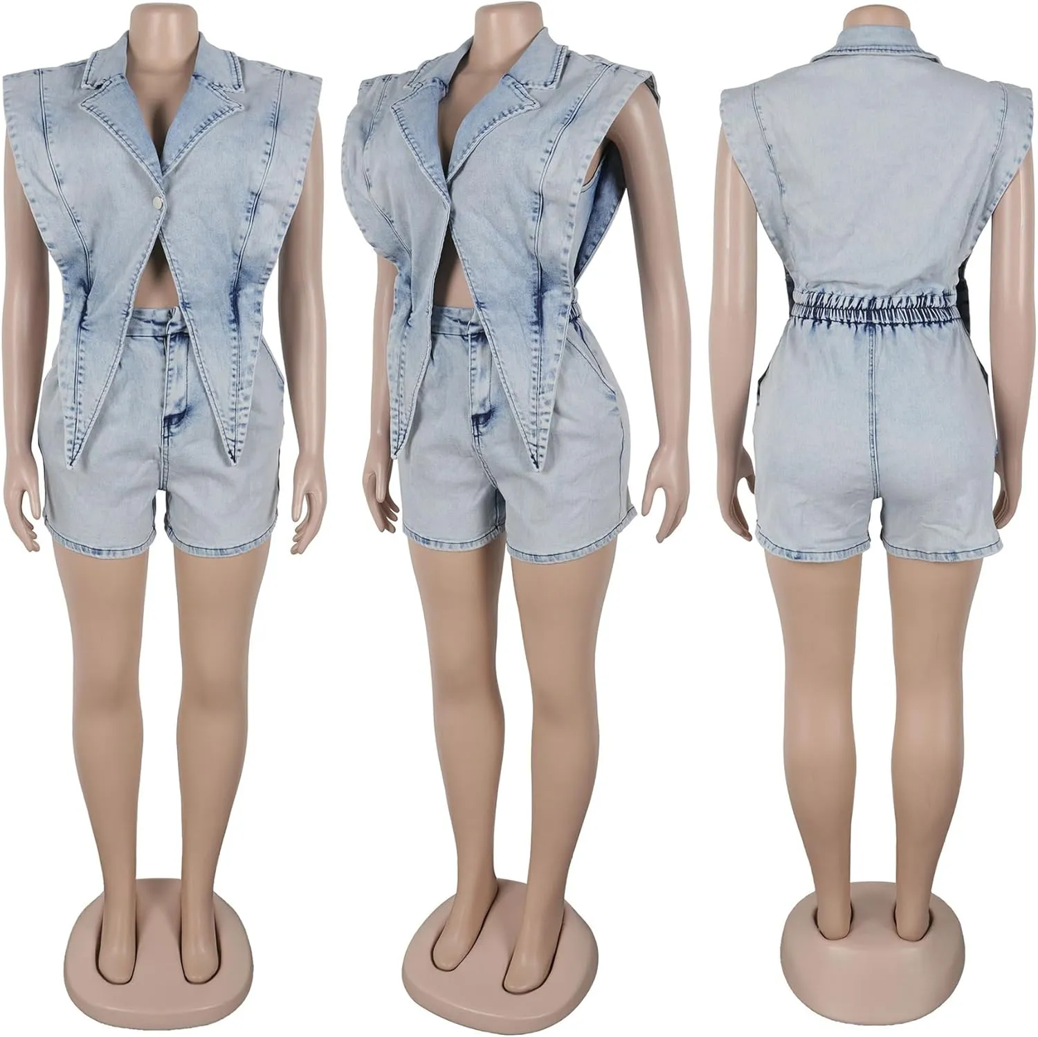 Women's Denim Jumpsuit Romper Sexy V Neck Button Link Hollowed Sleeveless Jean Shorts