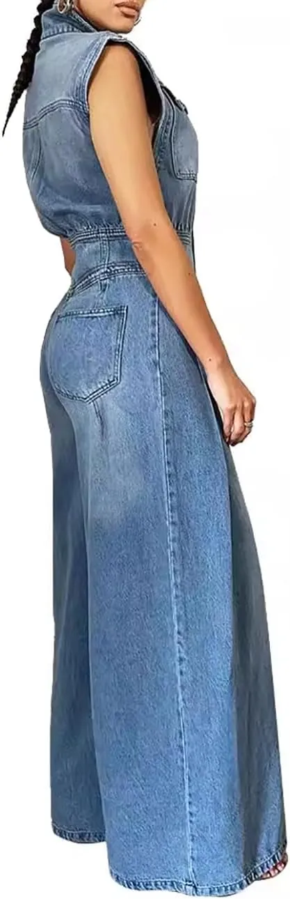 Women's Dressy Sleeveless Button Front Wide Leg Denim Jumpsuit