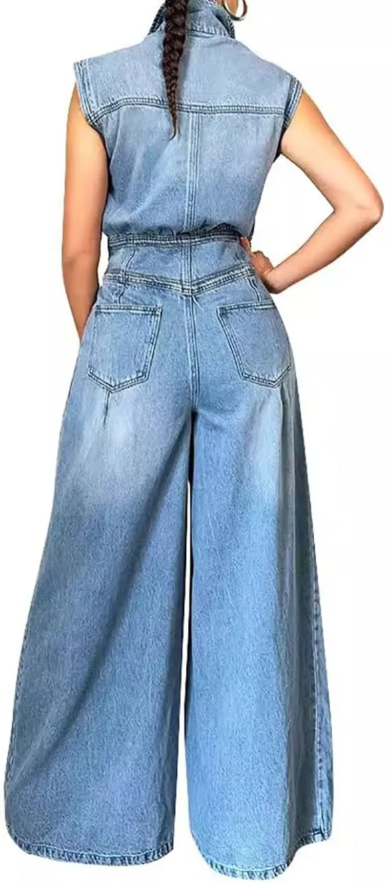 Women's Dressy Sleeveless Button Front Wide Leg Denim Jumpsuit