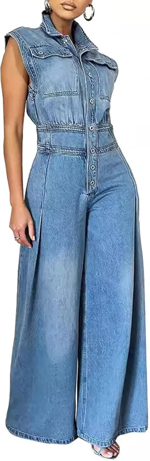 Women's Dressy Sleeveless Button Front Wide Leg Denim Jumpsuit