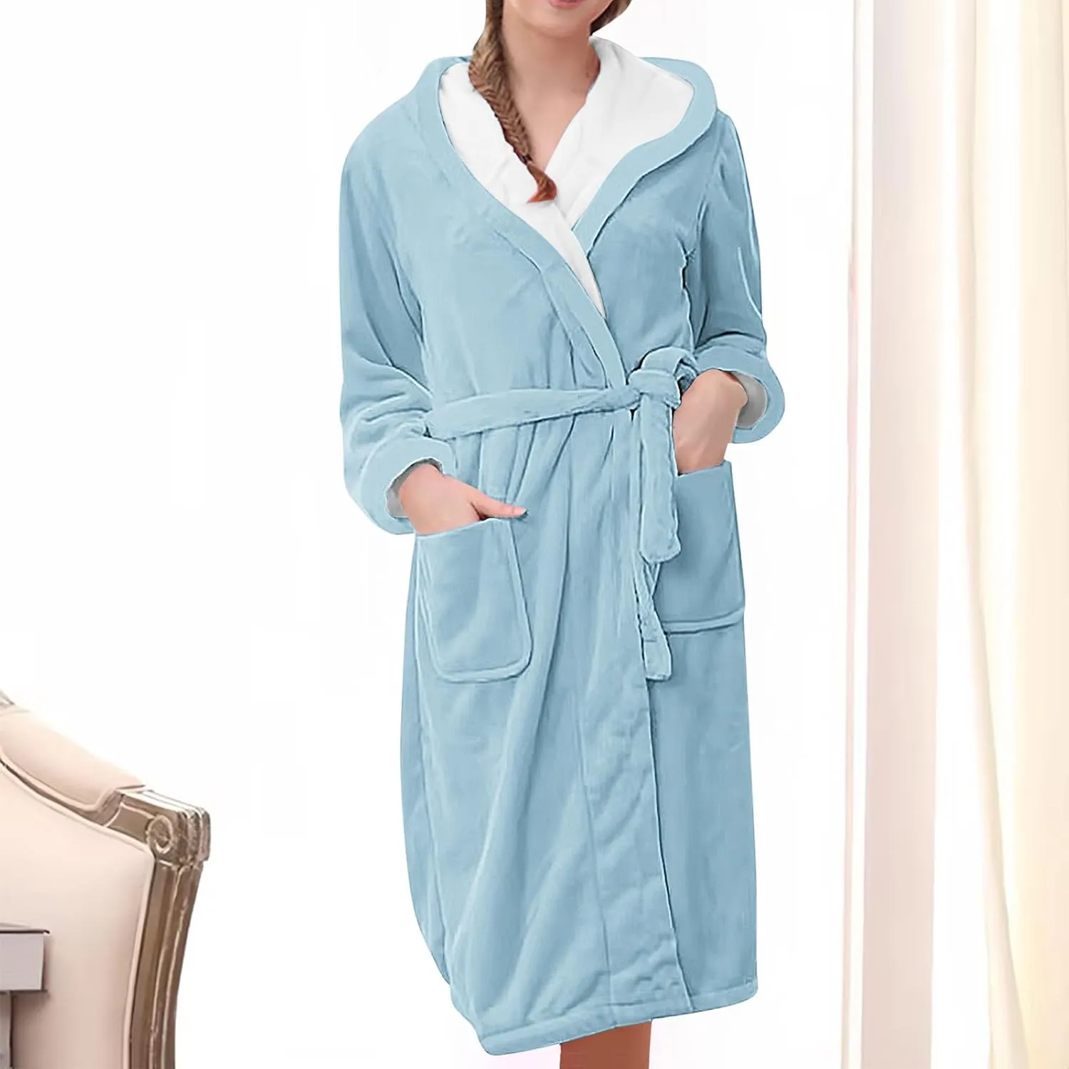 Women's Fashion Flannel Soft Robe, Winter Warm Plush Hooded Bathrobe Solid Color Comfy Loose Fit Loungewear Pajamas