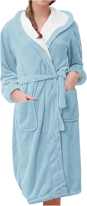 Women's Fashion Flannel Soft Robe, Winter Warm Plush Hooded Bathrobe Solid Color Comfy Loose Fit Loungewear Pajamas