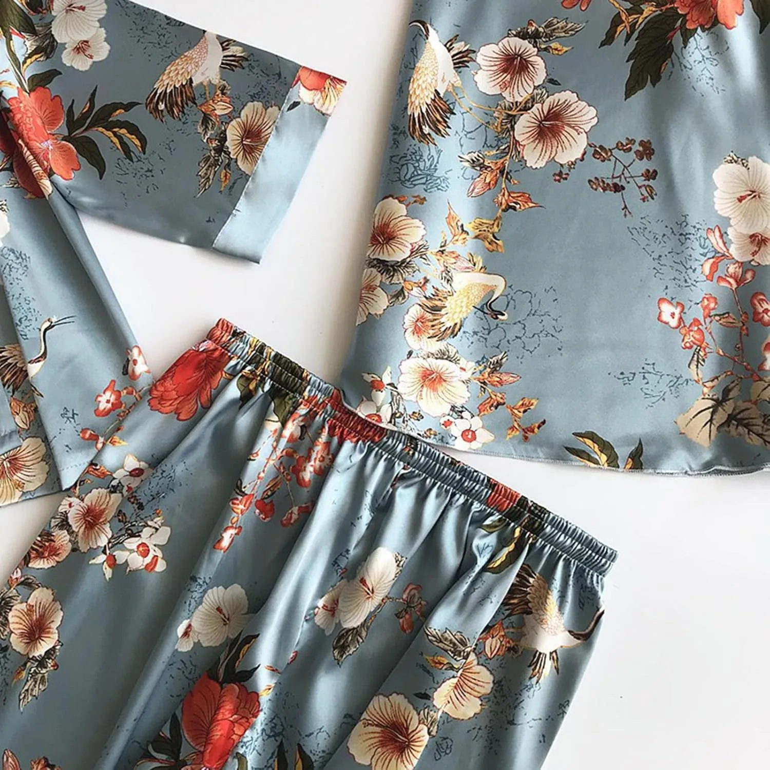 Women's Flamingo Print Cami Top and Shorts Satin Silk Pj Sets Lingerie Set with Robe Pajamas Sleepwear Loungewear