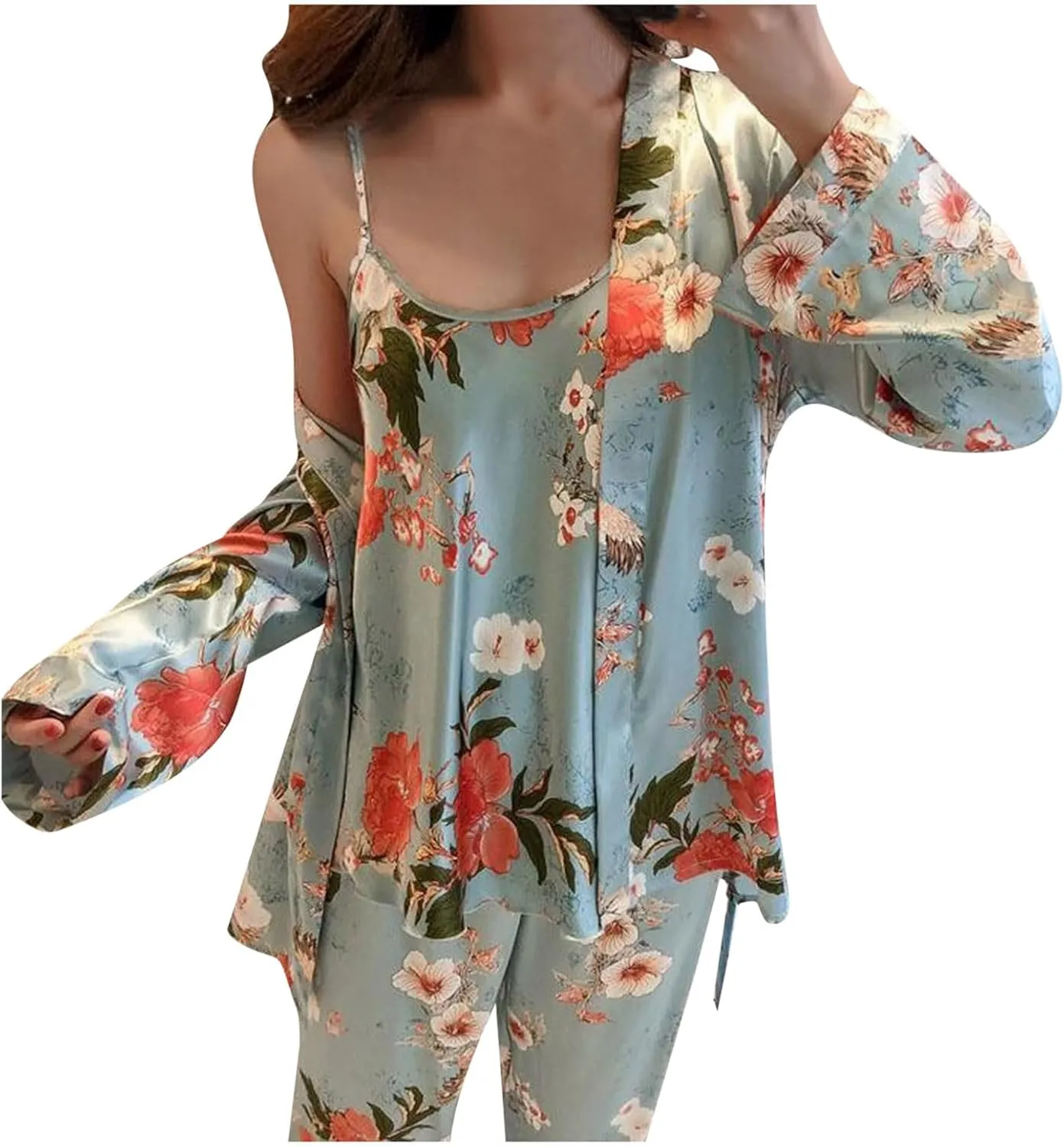 Women's Flamingo Print Cami Top and Shorts Satin Silk Pj Sets Lingerie Set with Robe Pajamas Sleepwear Loungewear