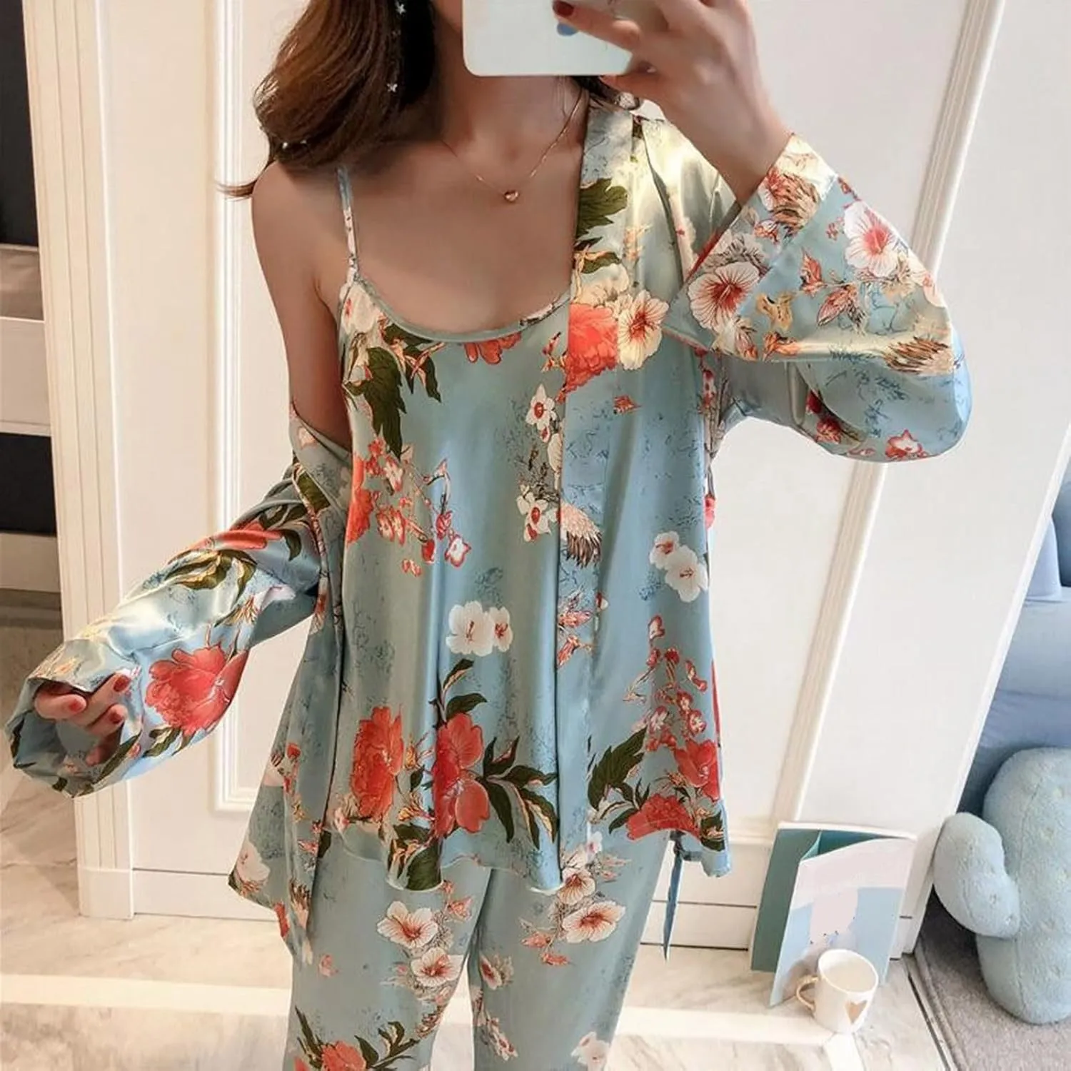 Women's Flamingo Print Cami Top and Shorts Satin Silk Pj Sets Lingerie Set with Robe Pajamas Sleepwear Loungewear