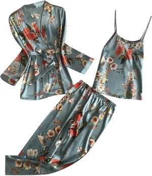 Women's Flamingo Print Cami Top and Shorts Satin Silk Pj Sets Lingerie Set with Robe Pajamas Sleepwear Loungewear