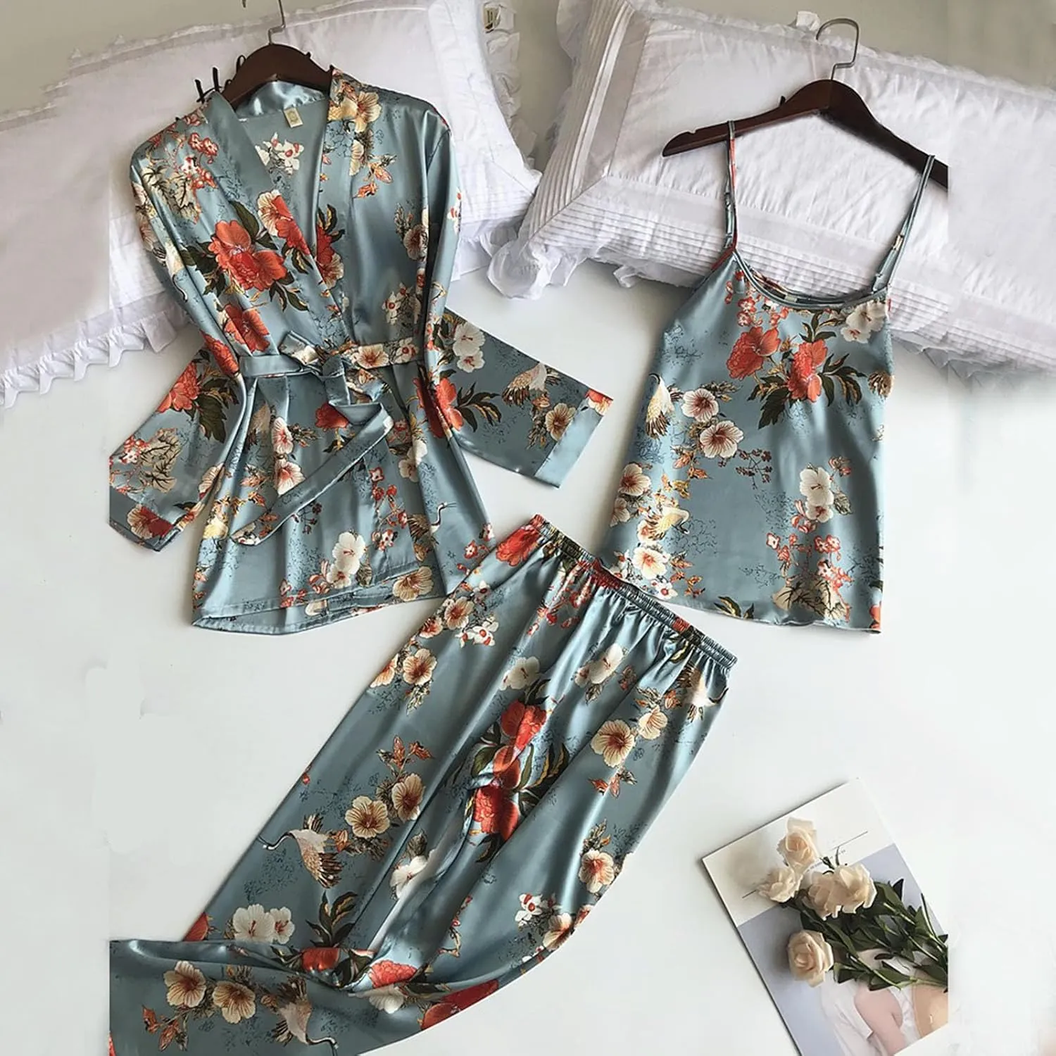 Women's Flamingo Print Cami Top and Shorts Satin Silk Pj Sets Lingerie Set with Robe Pajamas Sleepwear Loungewear