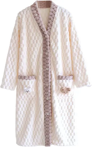 Women's Flannel Robes Button Down Fleece Cute Long Sleeve Full Length Fall Winter Cozy Loungewear Pajamas Soft Robe Bath Robe Women's,Beige,XL