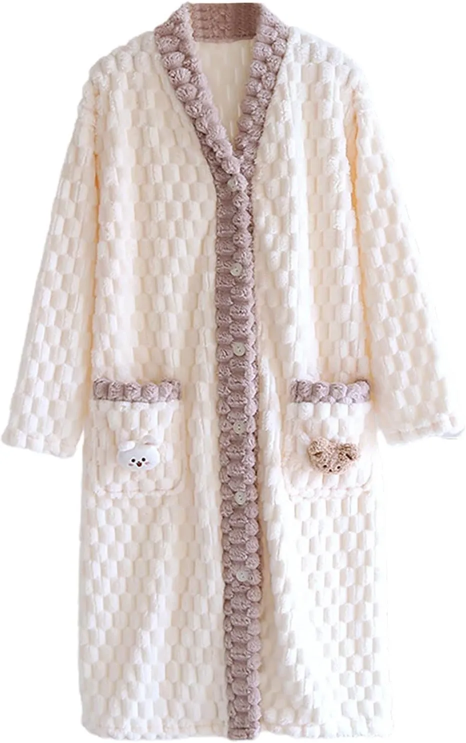 Women's Flannel Robes Button Down Fleece Cute Long Sleeve Full Length Fall Winter Cozy Loungewear Pajamas Soft Robe Bath Robe Women's,Beige,XL