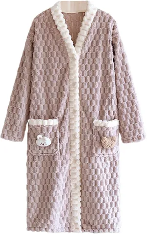 Women's Flannel Robes Button Down Fleece Cute Long Sleeve Full Length Fall Winter Cozy Loungewear Pajamas Soft Robe Fuzzy Robe,Purple,L