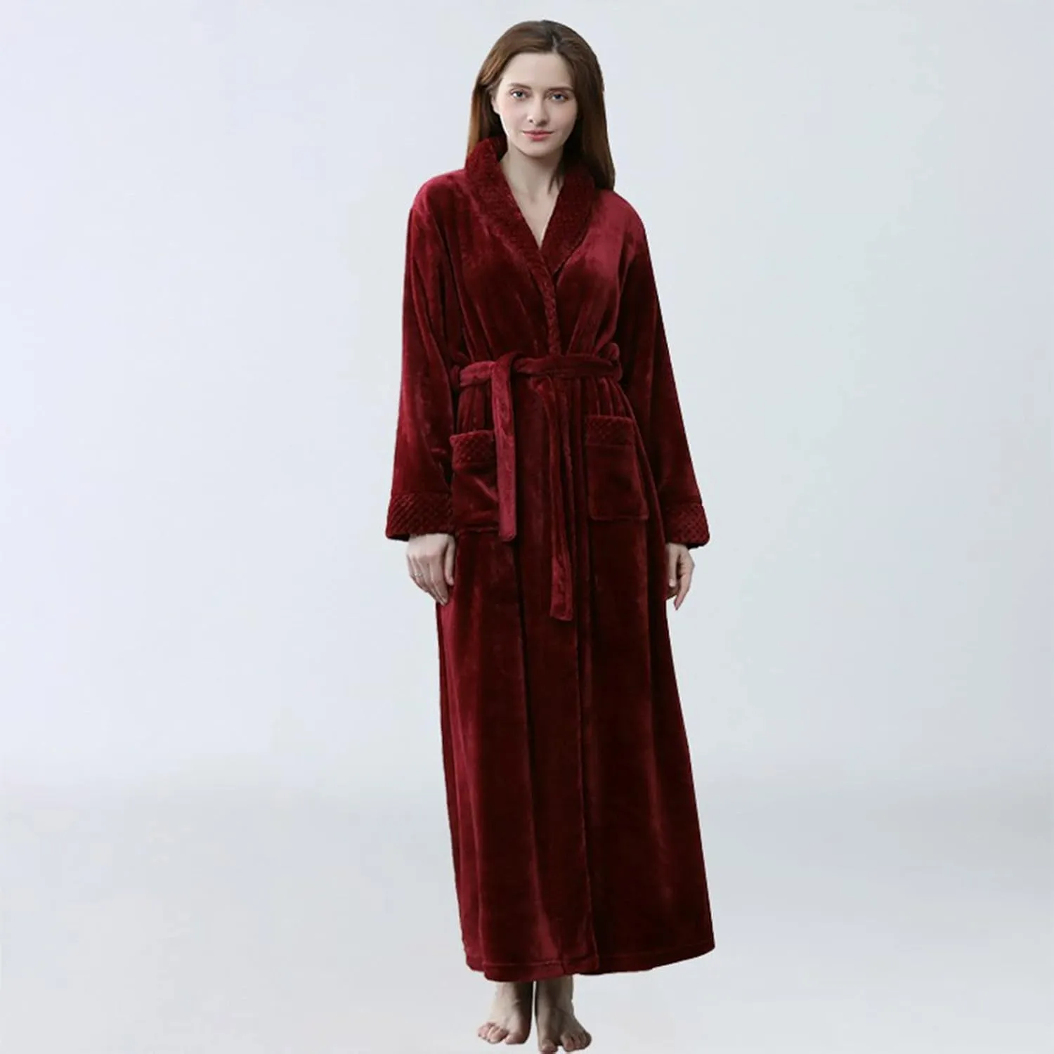 Womens Fleece Hooded Bathrobe Home Plush Thermal Bathrobe Nightgown Bath Robes House Coats for Elderly Plush Long
