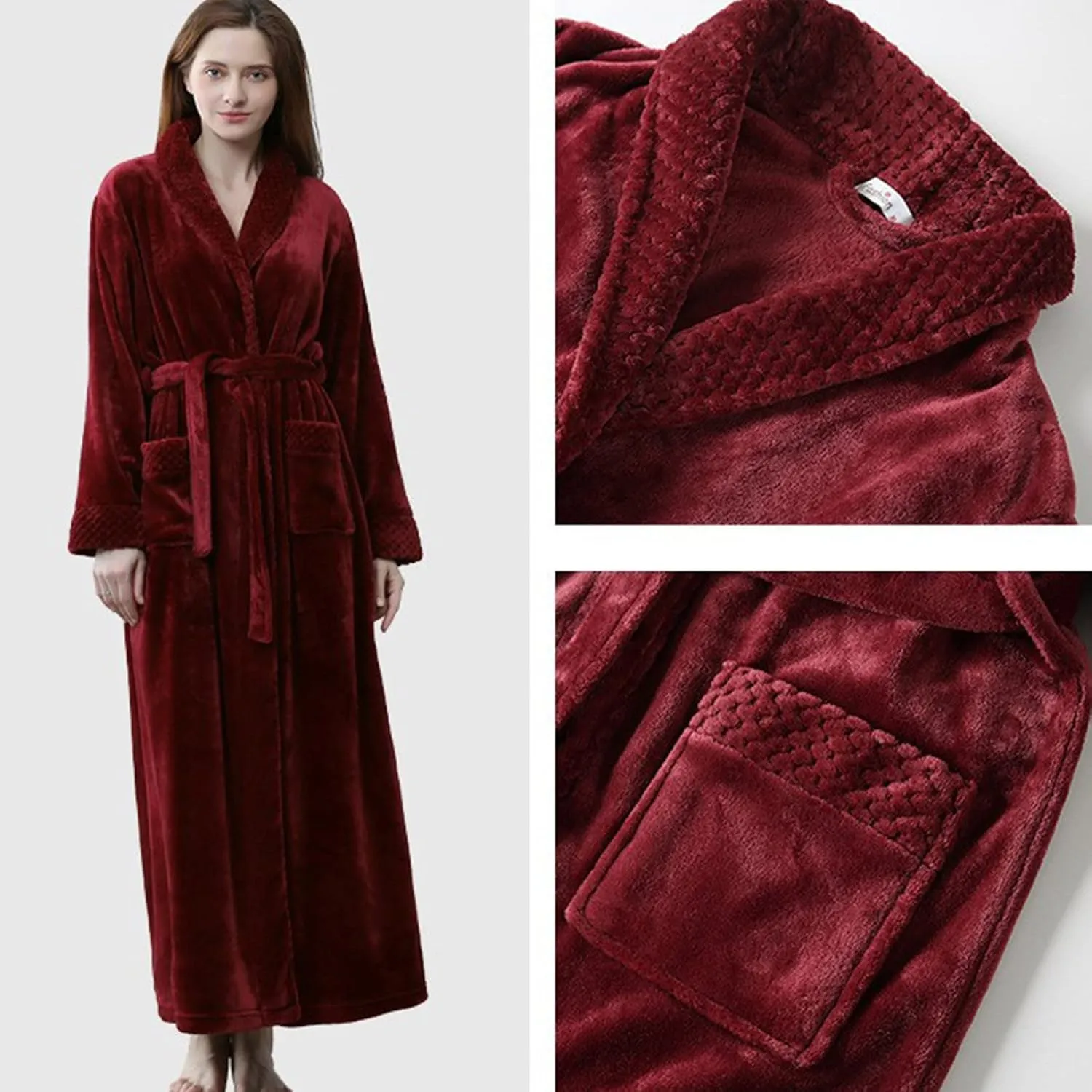 Womens Fleece Hooded Bathrobe Home Plush Thermal Bathrobe Nightgown Bath Robes House Coats for Elderly Plush Long